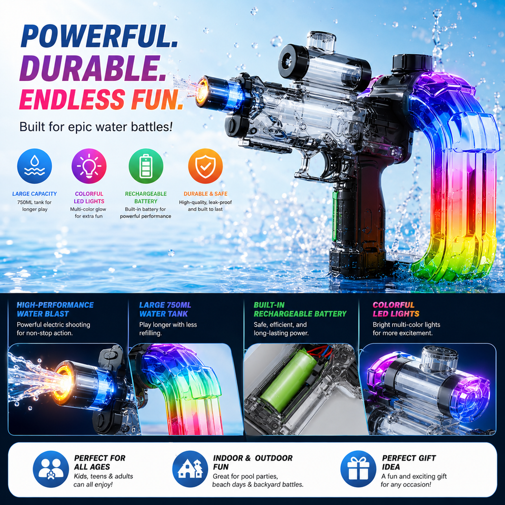 AQUASTRIKE™ LED ELECTRIC WATER BLASTER – RECHARGEABLE HIGH-PRESSURE WATER GUN FOR SUMMER FUN